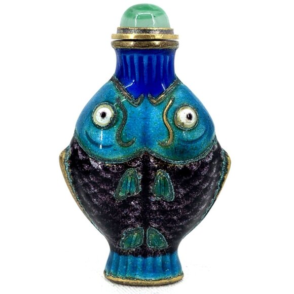 Double Koi Fish Metal & Enamel Snuff Bottle Vintage 2 5/8" Tall Original Box - Picture 4 of 10